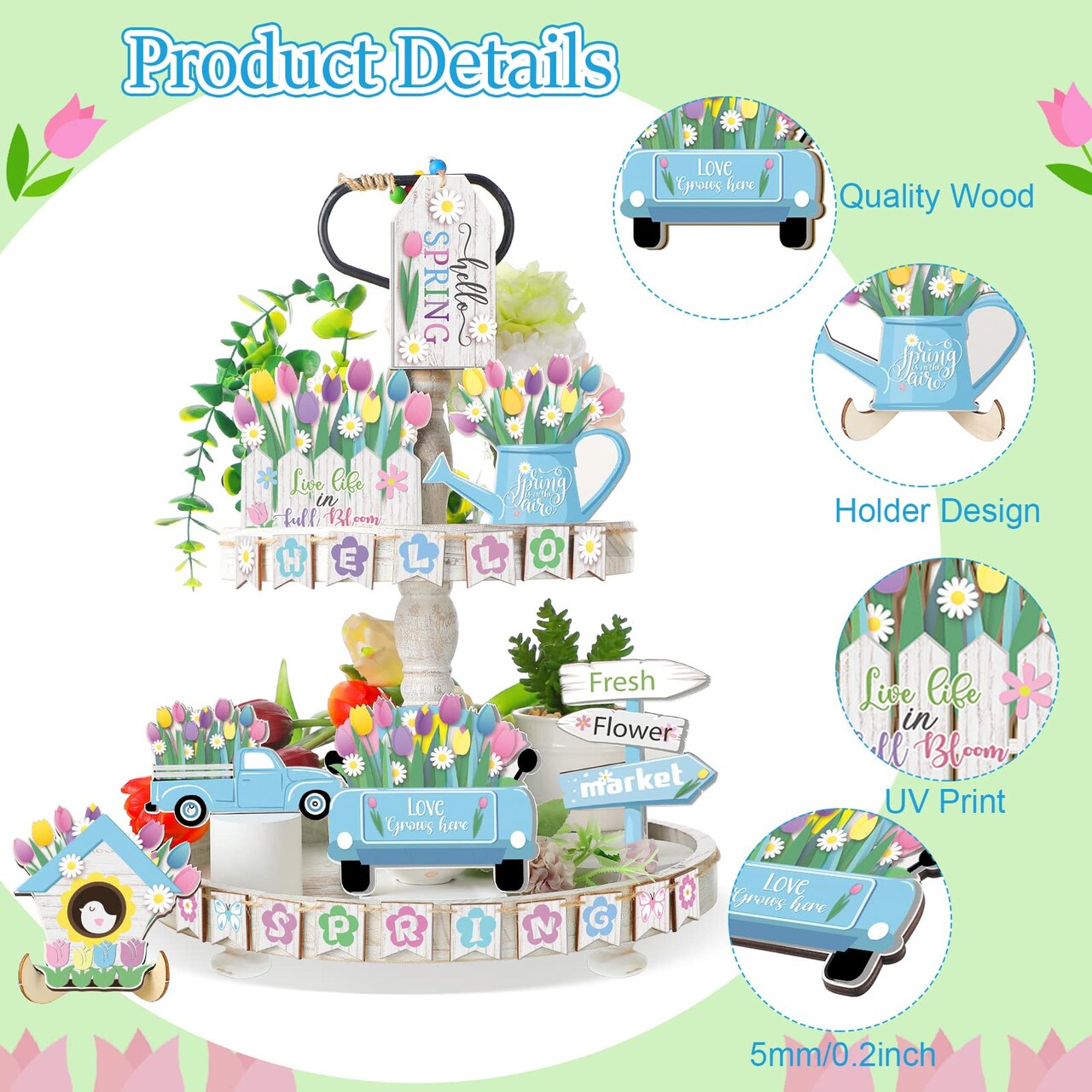 Hello Spring Tiered Tray Decor Tulips Table Wooden Sign Decorations Flower Market Tabletop Rustic Farmhouse Decor for Spring Holiday Party Home Kitchen (Tulip Style)